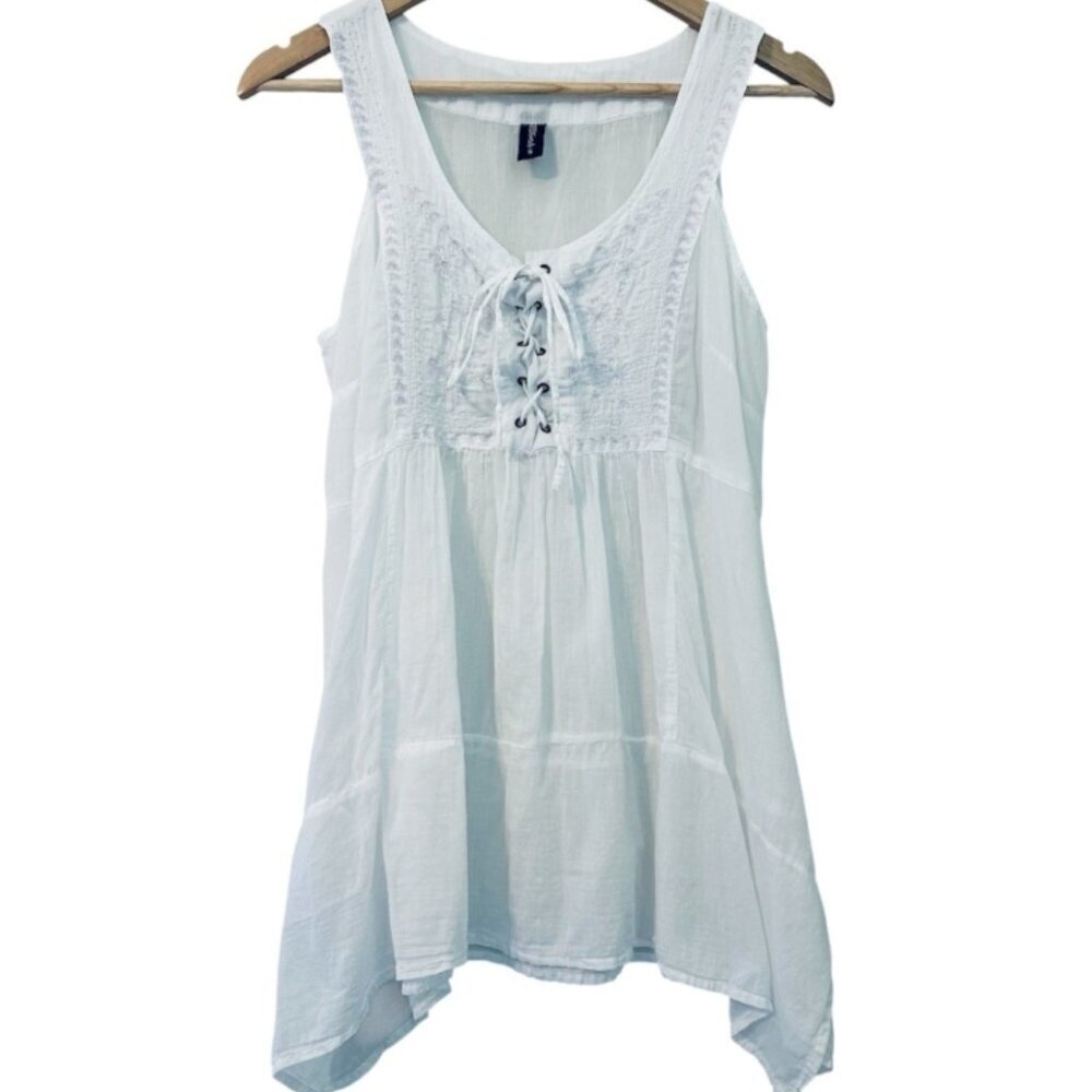 Women's Small 100% Cotton Artisan Boho Peasant Beachy Tie Front White Blouse